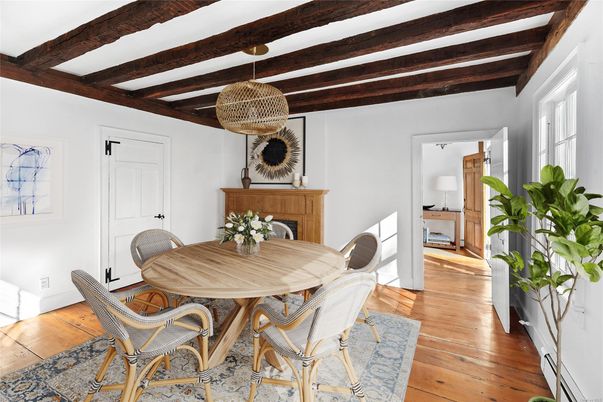 Dining room, Fireplace, Interior, Wooden Beams, Wood Texture Flooring
