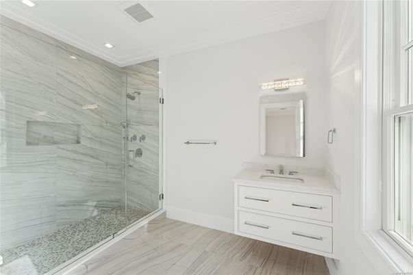 Bathroom, Glass Shower, Interior, Marble, Marble Walls, Recessed Lighting