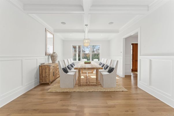 Dining room, Interior, Living room, Pendant Lights, Recessed Lighting, Wood Texture Flooring
