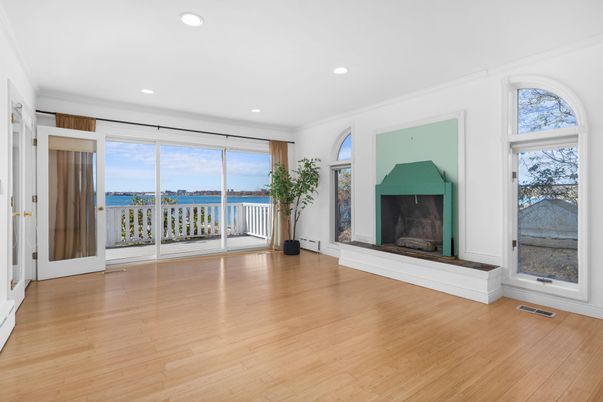 Empty room, Fireplace, Interior, Recessed Lighting, Water, Wood Texture Flooring