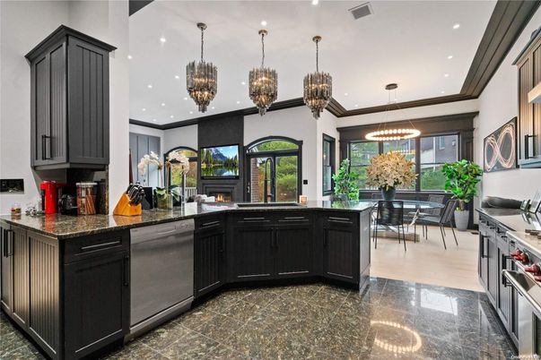 Dining room, Fireplace, Interior, Kitchen, Pendant Lights, Recessed Lighting, Stainless Steel Appliances