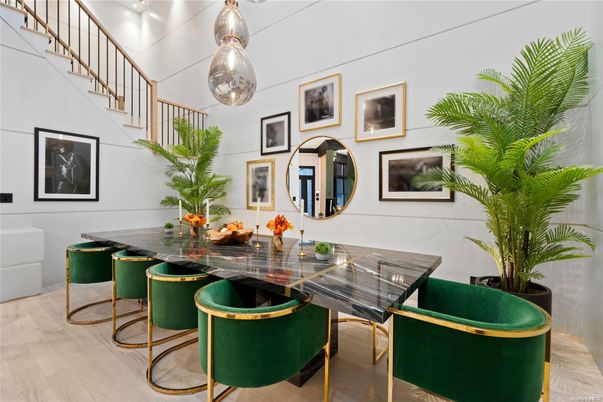 Dining room, Interior, Pendant Lights, Wood Texture Flooring