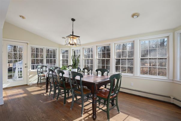 Dining room, Interior, Pendant Lights, Wood Texture Flooring