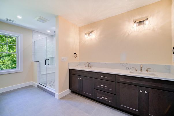 Bathroom, Dual Sink Vanities, Glass Shower, Interior, Recessed Lighting