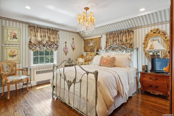 Bedroom, Chandelier, Interior, Recessed Lighting, Wood Texture Flooring