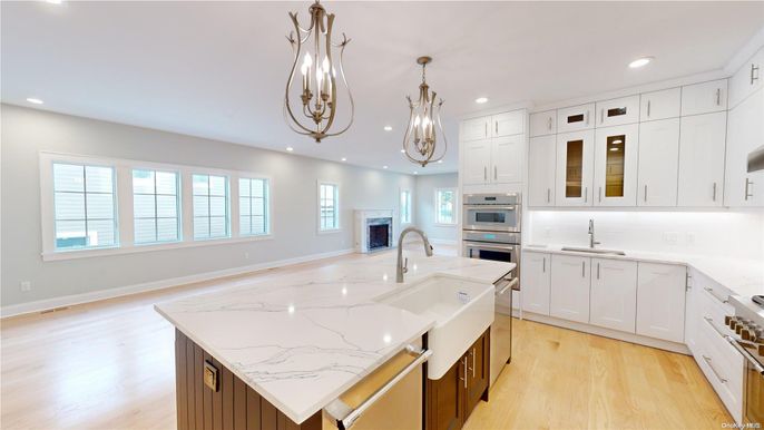 Chandelier, Interior, Kitchen, Pendant Lights, Recessed Lighting, Stainless Steel Appliances, Wood Texture Flooring