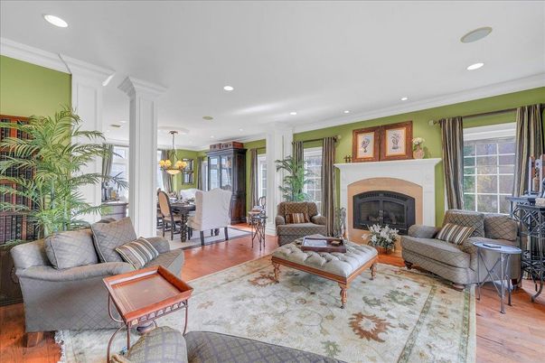 Dining room, Fireplace, Interior, Living room, Pendant Lights, Recessed Lighting, Wood Texture Flooring