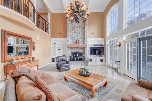 Chandelier, Fireplace, Interior, Living room