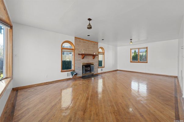 Empty room, Fireplace, Interior, Stone Walls, Wood Texture Flooring