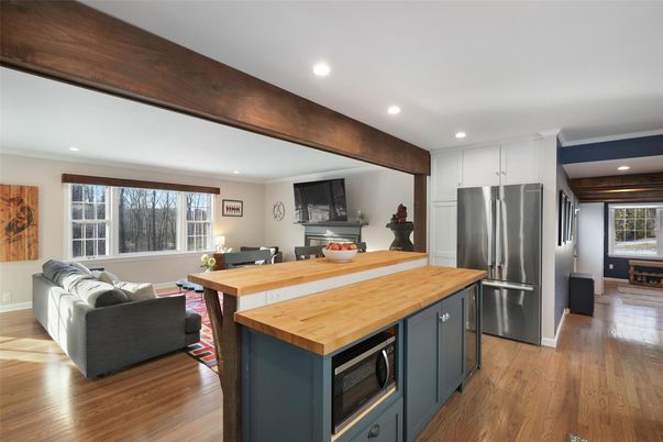 Interior, Kitchen, Living room, Recessed Lighting, Stainless Steel Appliances, Wood Texture Flooring