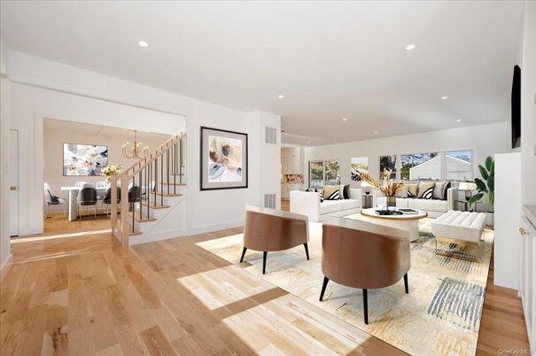 Dining room, Interior, Living room, Pendant Lights, Recessed Lighting, Wood Texture Flooring