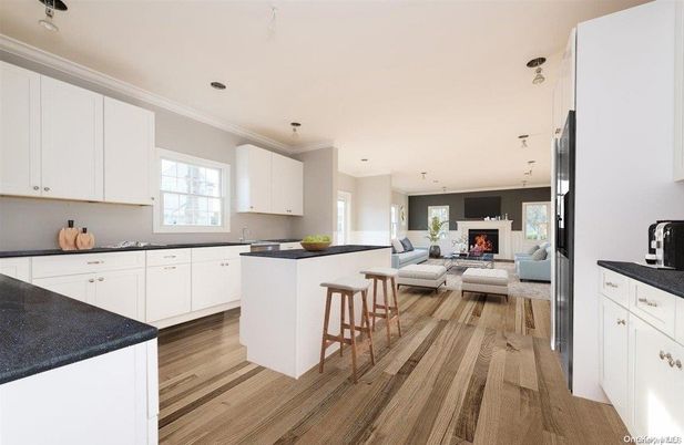 Fireplace, Interior, Kitchen, Living room, Pendant Lights, Recessed Lighting, Wood Texture Flooring