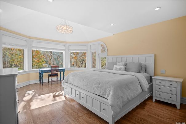Bedroom, Chandelier, Interior, Recessed Lighting, Wood Texture Flooring