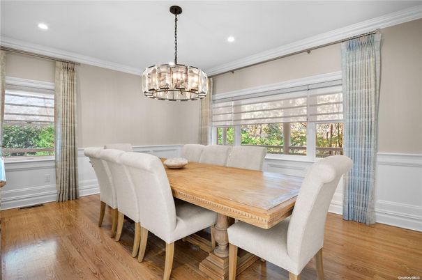 Dining room, Interior, Pendant Lights, Recessed Lighting, Wood Texture Flooring