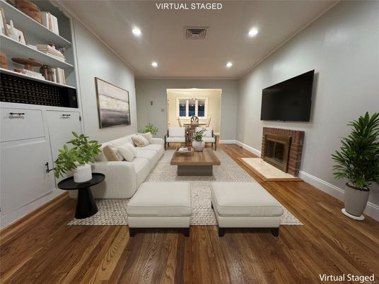 Dining room, Fireplace, Interior, Living room, Recessed Lighting, Wood Texture Flooring