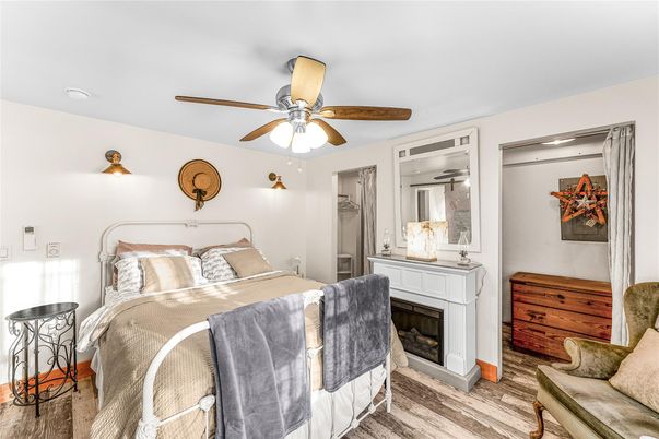 Bedroom, Fireplace, Interior, Wood Texture Flooring