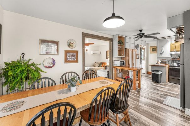 Dining room, Interior, Kitchen, Pendant Lights, Wood Texture Flooring