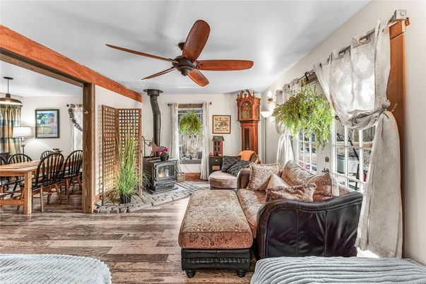 Dining room, Fireplace, Interior, Living room, Wood Texture Flooring