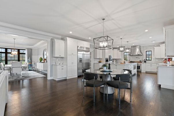 Chandelier, Dining room, Interior, Kitchen, Pendant Lights, Recessed Lighting, Stainless Steel Appliances, Wood Texture Flooring
