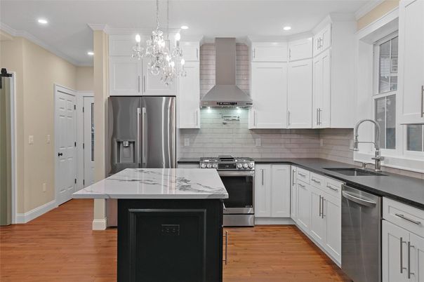 Chandelier, Interior, Kitchen, Pendant Lights, Recessed Lighting, Stainless Steel Appliances, Wood Texture Flooring