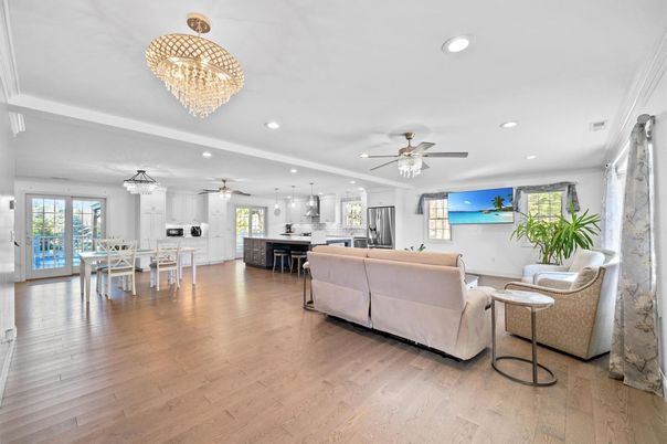 Chandelier, Dining room, Interior, Kitchen, Living room, Pendant Lights, Recessed Lighting, Wood Texture Flooring