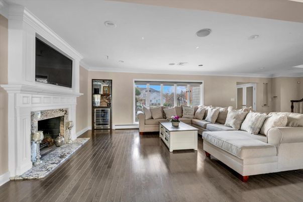 Fireplace, Interior, Living room, Recessed Lighting, Wood Texture Flooring
