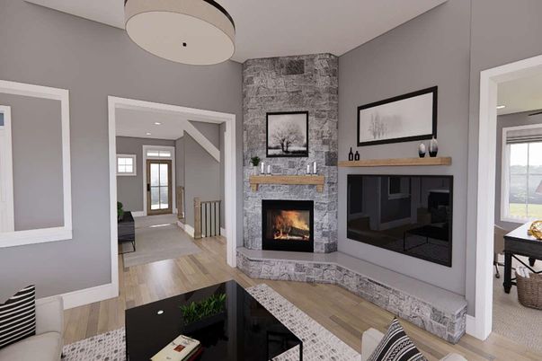 Fireplace, Interior, Recessed Lighting, Stone Walls, Wood Texture Flooring