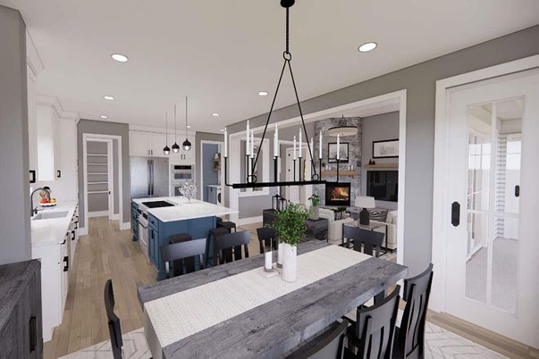 Dining room, Fireplace, Interior, Kitchen, Living room, Pendant Lights, Recessed Lighting, Stainless Steel Appliances, Wood Texture Flooring