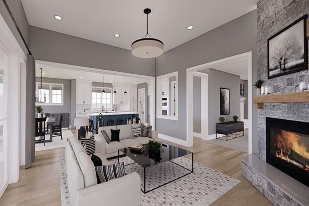 Fireplace, Interior, Living room, Pendant Lights, Recessed Lighting, Wood Texture Flooring