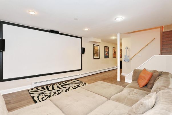 Interior, Projection Screen, Recessed Lighting, Wood Texture Flooring