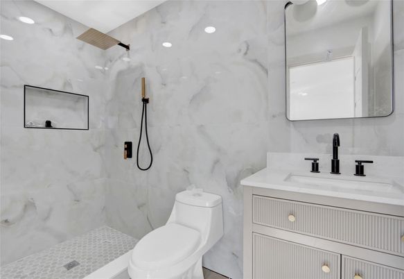 Bathroom, Interior, Marble Walls, Recessed Lighting