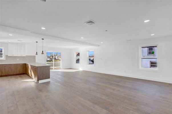 Empty room, Interior, Kitchen, Pendant Lights, Recessed Lighting, Wood Texture Flooring