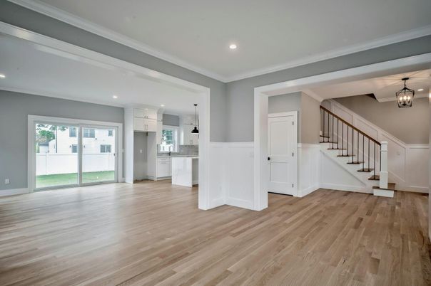 Empty room, Interior, Kitchen, Pendant Lights, Recessed Lighting, Wood Texture Flooring