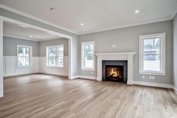 Empty room, Fireplace, Interior, Recessed Lighting, Wood Texture Flooring