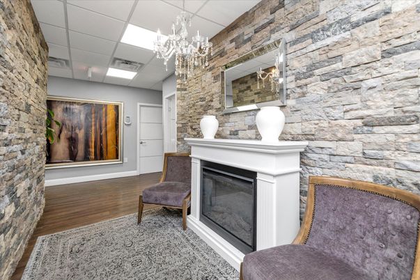 Chandelier, Fireplace, Interior, Stone Walls, Wood Texture Flooring