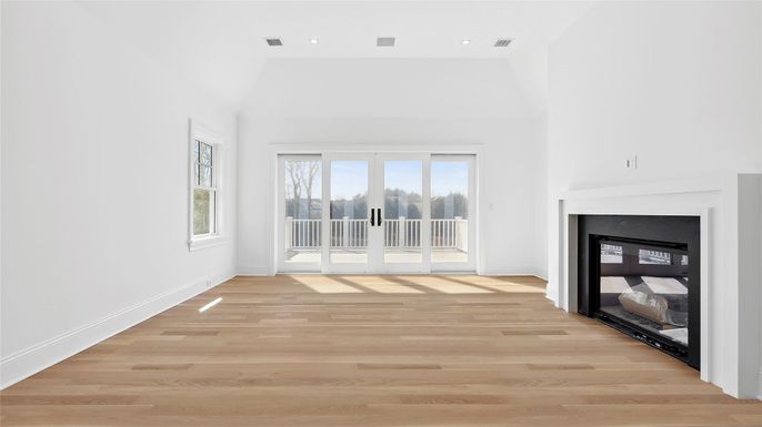 Empty room, Fireplace, Interior, Recessed Lighting, Wood Texture Flooring