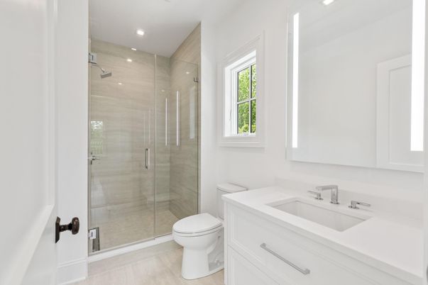 Bathroom, Glass Shower, Interior, Recessed Lighting, Wood Texture Flooring