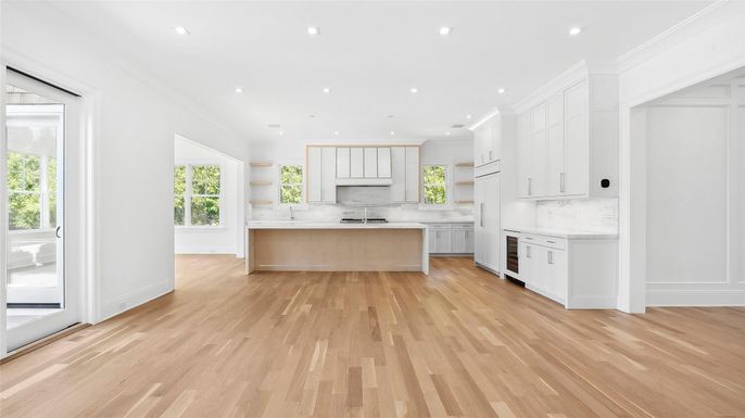 Interior, Kitchen, Marble Walls, Recessed Lighting, Wood Texture Flooring