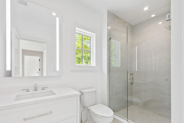 Bathroom, Glass Shower, Interior, Marble Walls, Recessed Lighting