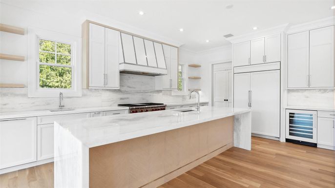 Interior, Kitchen, Marble Walls, Recessed Lighting, Wood Texture Flooring