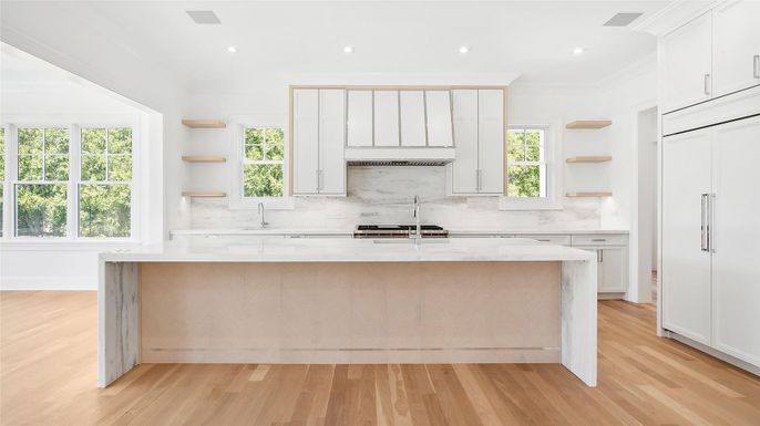 Interior, Kitchen, Marble Walls, Recessed Lighting, Wood Texture Flooring