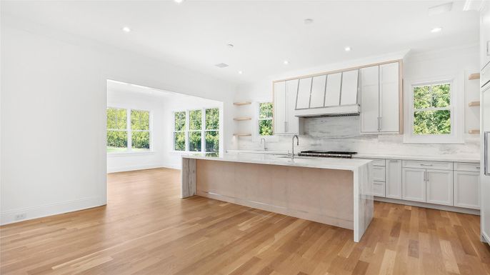 Interior, Kitchen, Marble Walls, Recessed Lighting, Wood Texture Flooring