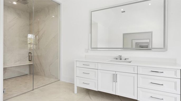 Bathroom, Glass Shower, Interior, Marble Walls, Recessed Lighting