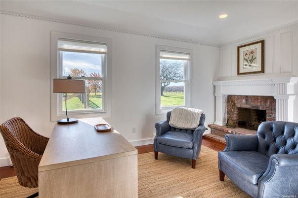 Fireplace, Home Office, Interior, Recessed Lighting, Wood Texture Flooring