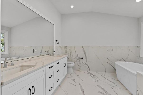 Bathroom, Dual Sink Vanities, Free Standing Baths, Interior, Marble, Marble Walls, Recessed Lighting