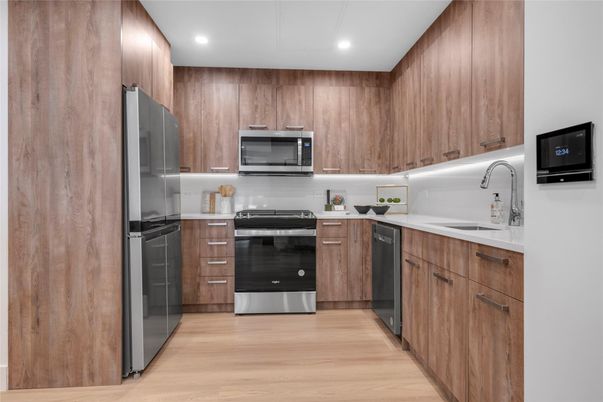 Interior, Kitchen, Recessed Lighting, Stainless Steel Appliances, Wood Texture Flooring