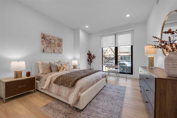 Bedroom, Interior, Recessed Lighting, Wood Texture Flooring