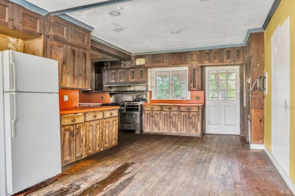 Interior, Kitchen, Recessed Lighting, Stainless Steel Appliances, Wood Texture Flooring, Wooden Walls