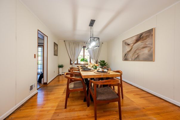 Dining room, Interior, Pendant Lights, Wood Texture Flooring
