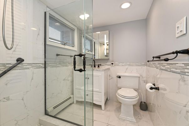 Bathroom, Glass Shower, Interior, Marble, Marble Walls, Recessed Lighting